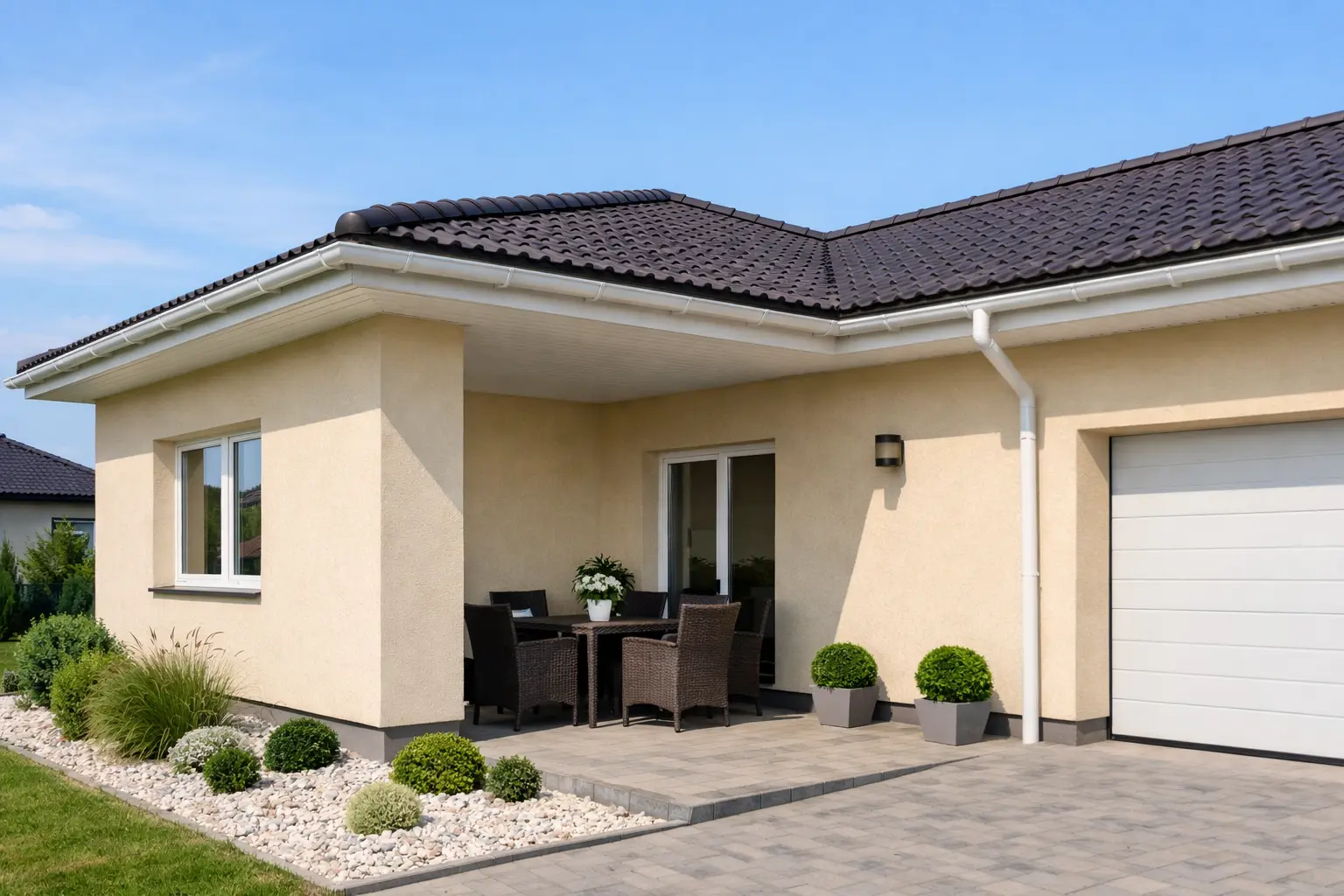 Smėlio spalvos namo fasadas